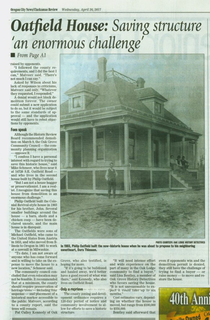 Image of Clackamas Review front page cover story - Oatfield House Reprieve, page 2