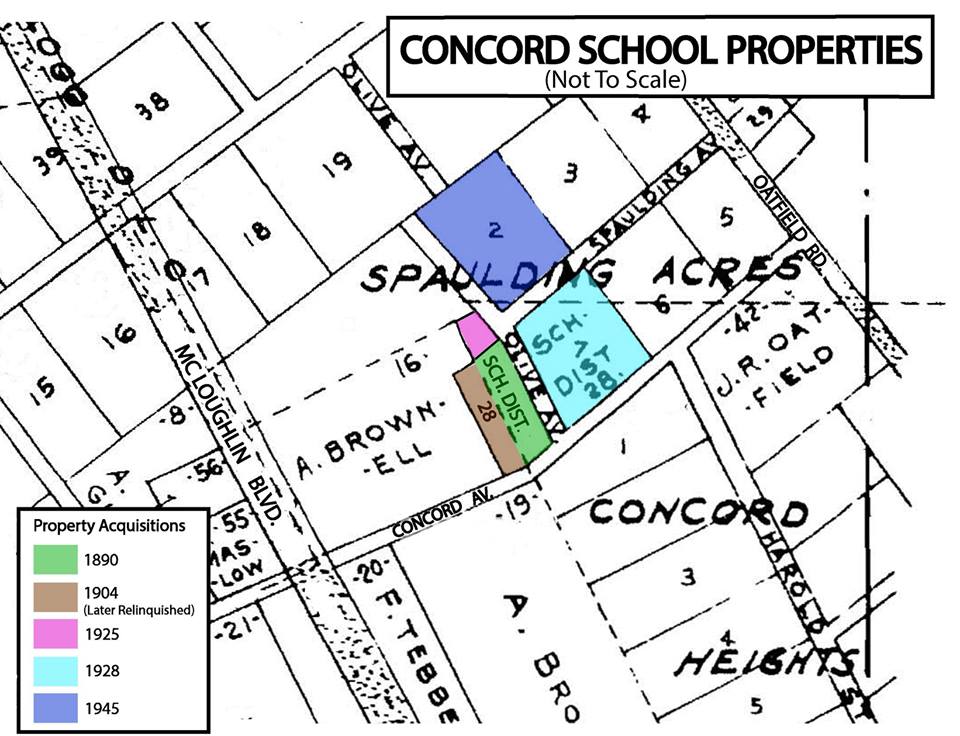 Plat map of the Concord school area, with colored shading to indicate property changes over time