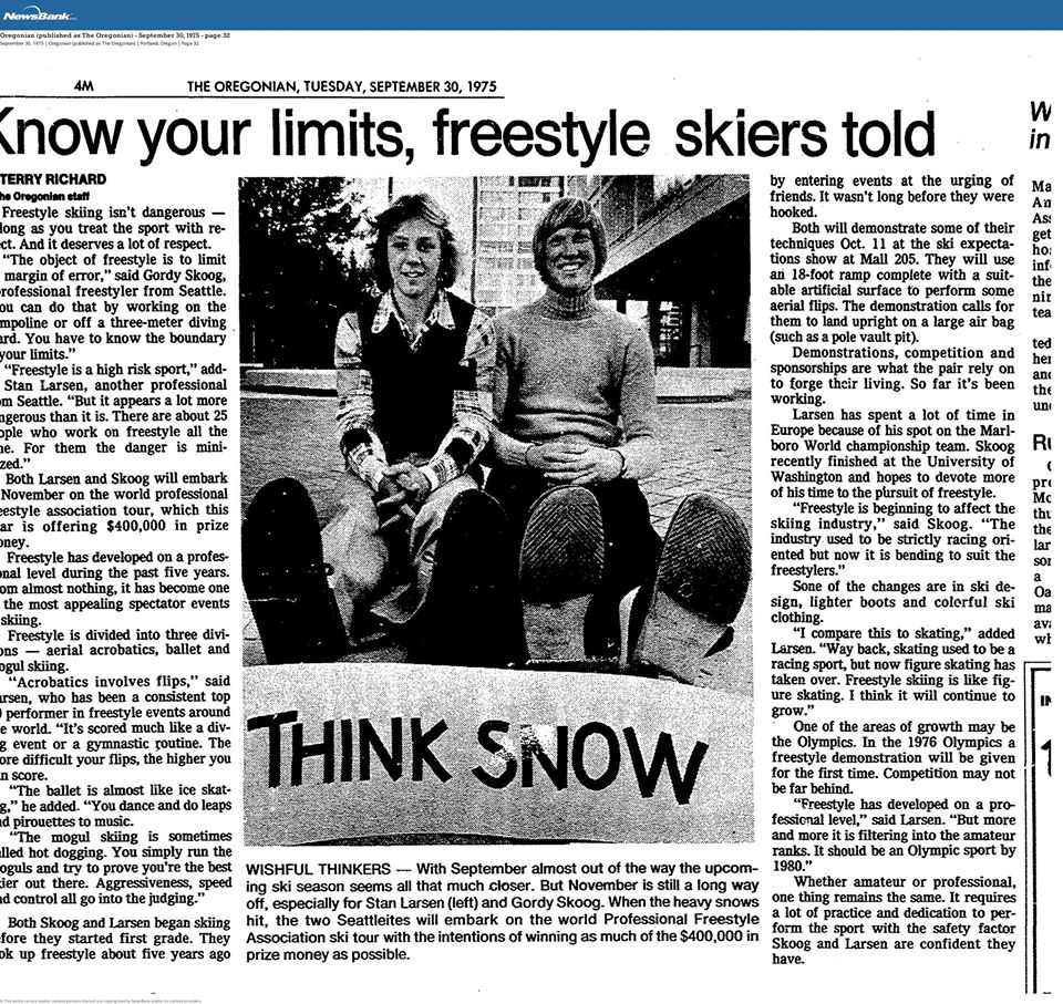 Newspaper article about freestyle skiing with photo of Gordy Skoog, 1975