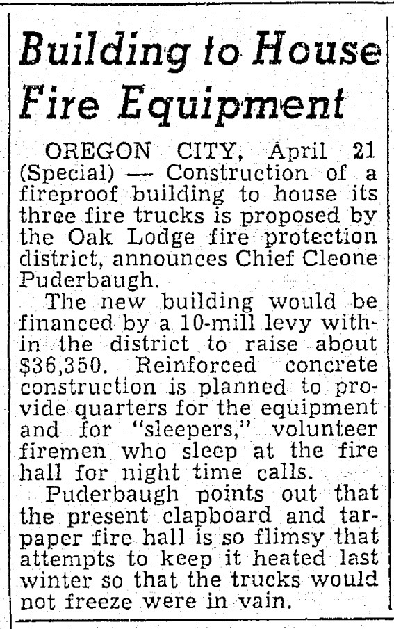 Newspaper article about Oak Lodge Fire Protection District plans to build new fire house; 1949