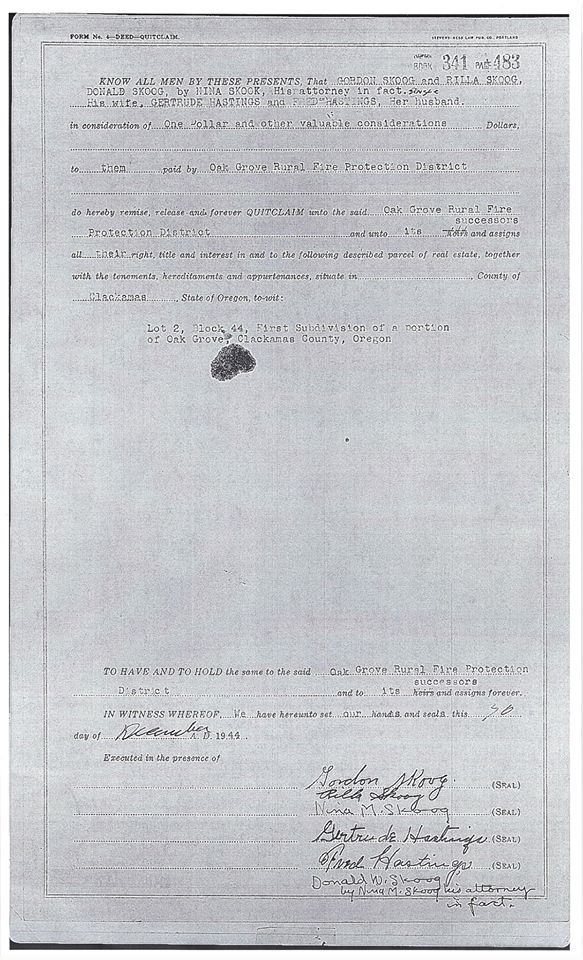 Scan of Skoog family deed to Oak Grove RFPD, 1944